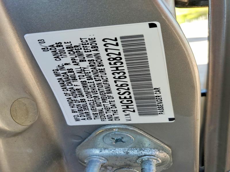 52972136 :رقم المزاد ، 2HGES26763H582722 vin ، 2003 Honda Civic مزاد بيع