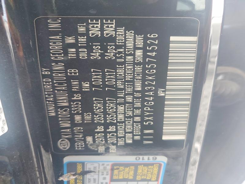 2019 Kia Sorento მანქანა იყიდება აუქციონზე, vin: 5XYPG4A32KG574526, აუქციონის ნომერი: 55228726
