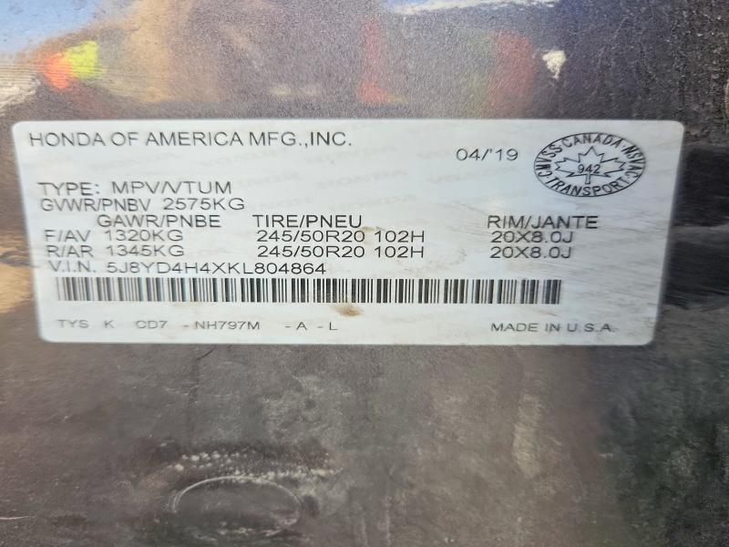 54134806 :رقم المزاد ، 5J8YD4H4XKL804864 vin ، 2019 Acura Mdx مزاد بيع