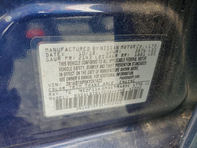 52161756 :رقم المزاد ، 3N1AB7AP5KY241423 vin ، 2019 Nissan Sentra مزاد بيع