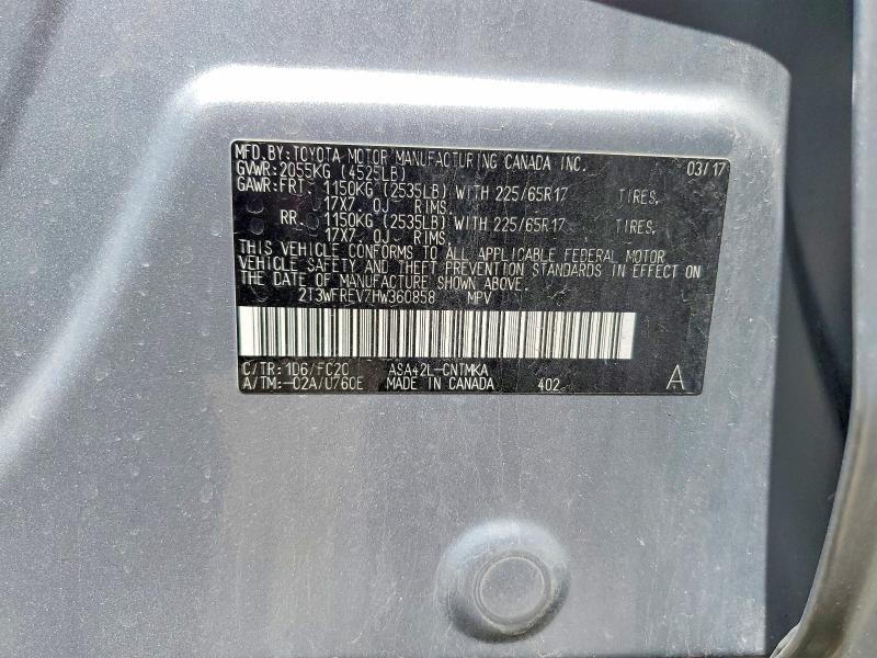 Продаж на аукціоні авто 2017 Toyota Rav4, vin: 2T3WFREV7HW360858, номер лоту: 52583236