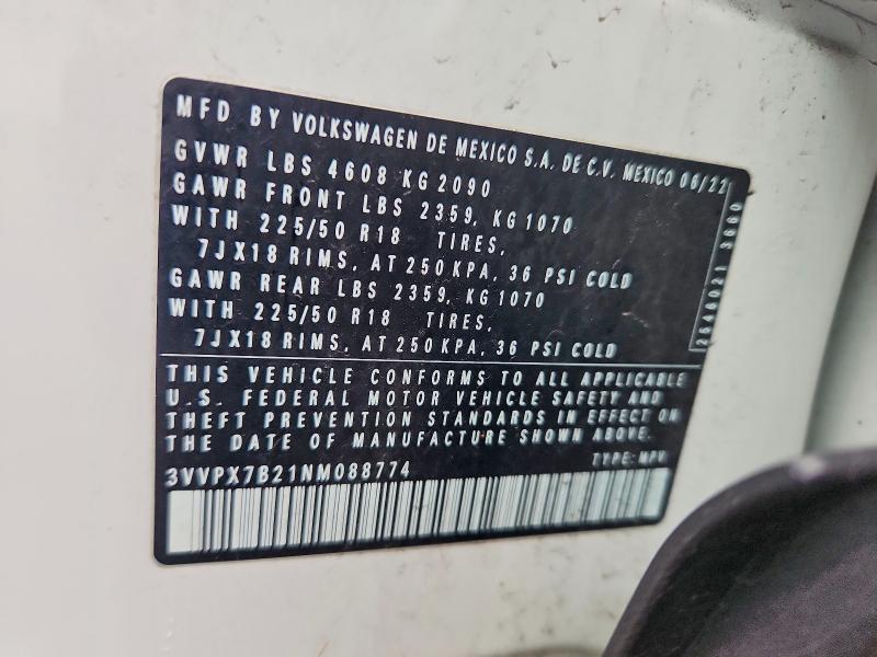 51424596 :رقم المزاد ، 3VVPX7B21NM088774 vin ، 2022 Volkswagen Taos مزاد بيع