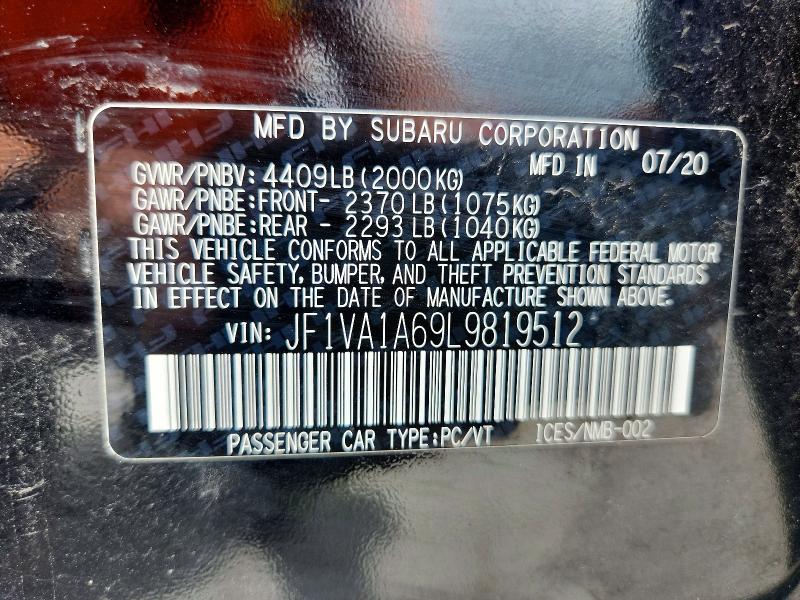 Aukcja sprzedaży 2020 Subaru Wrx, vin: JF1VA1A69L9819512, numer aukcji: 54835996