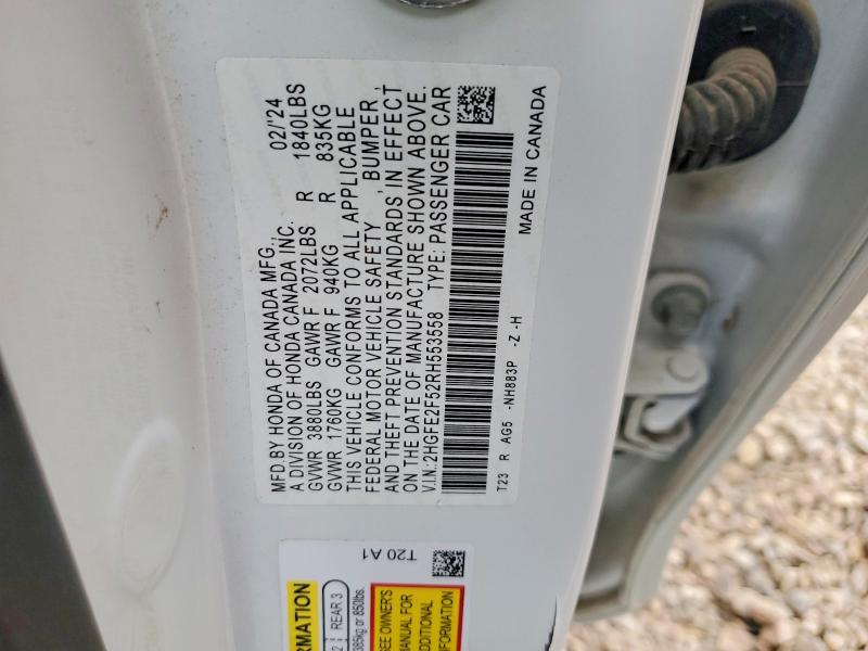 2024 Honda Civic მანქანა იყიდება აუქციონზე, vin: 2HGFE2F52RH553558, აუქციონის ნომერი: 51989786