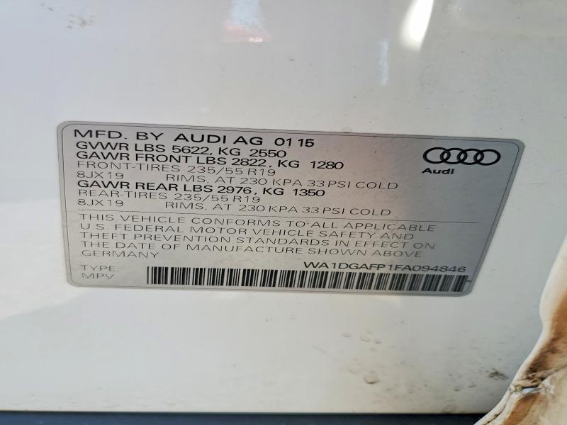 2015 Audi Q5 მანქანა იყიდება აუქციონზე, vin: WA1DGAFP1FA094846, აუქციონის ნომერი: 53938856
