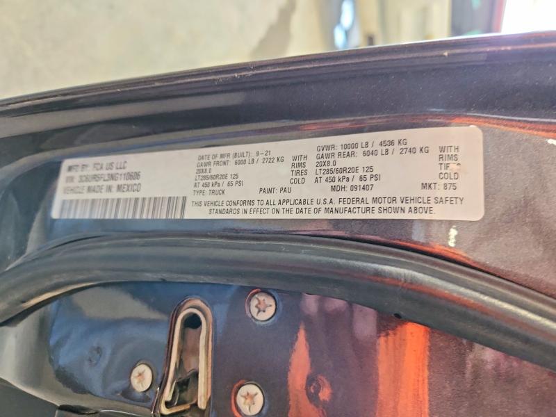 51083766 :رقم المزاد ، 3C6UR5FL3NG110606 vin ، 2022 Ram 2500 مزاد بيع