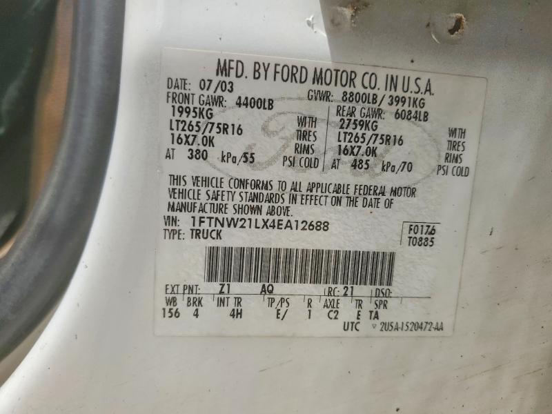 2004 Ford F250 მანქანა იყიდება აუქციონზე, vin: 1FTNW21LX4EA12688, აუქციონის ნომერი: 54972126