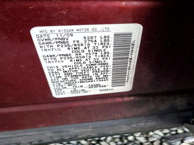 2010 Nissan Murano მანქანა იყიდება აუქციონზე, vin: JN8AZ1MW3AW110445, აუქციონის ნომერი: 53941466