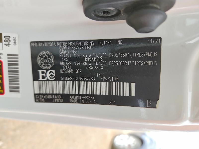 2022 Toyota Sienna მანქანა იყიდება აუქციონზე, vin: 5TDGRKEC4NS087263, აუქციონის ნომერი: 54479476