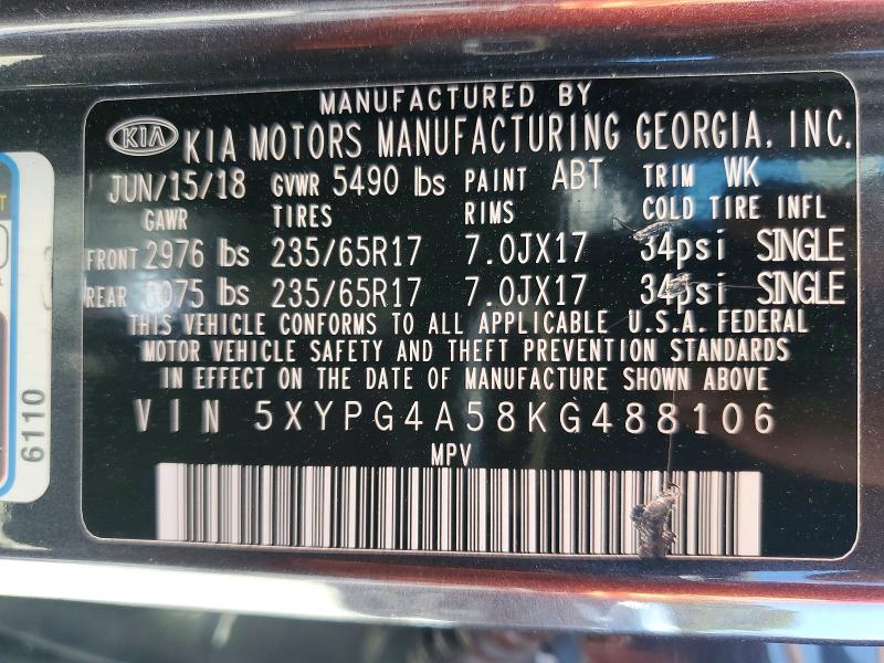 54427436 :رقم المزاد ، 5XYPG4A58KG488106 vin ، 2019 Kia Sorento مزاد بيع