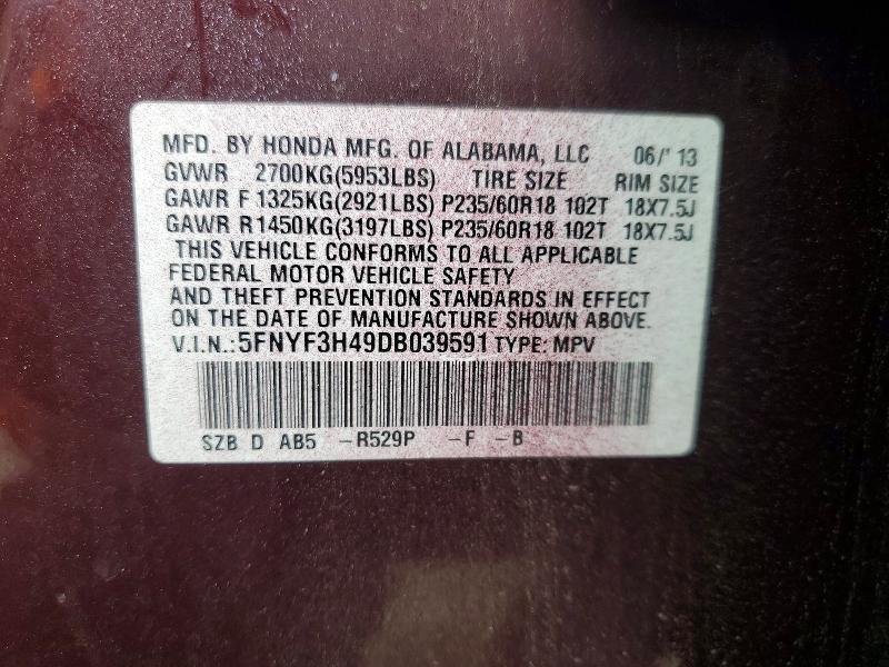 Продажа на аукционе авто 2013 Honda Pilot, vin: 5FNYF3H49DB039591, номер лота: 52251236