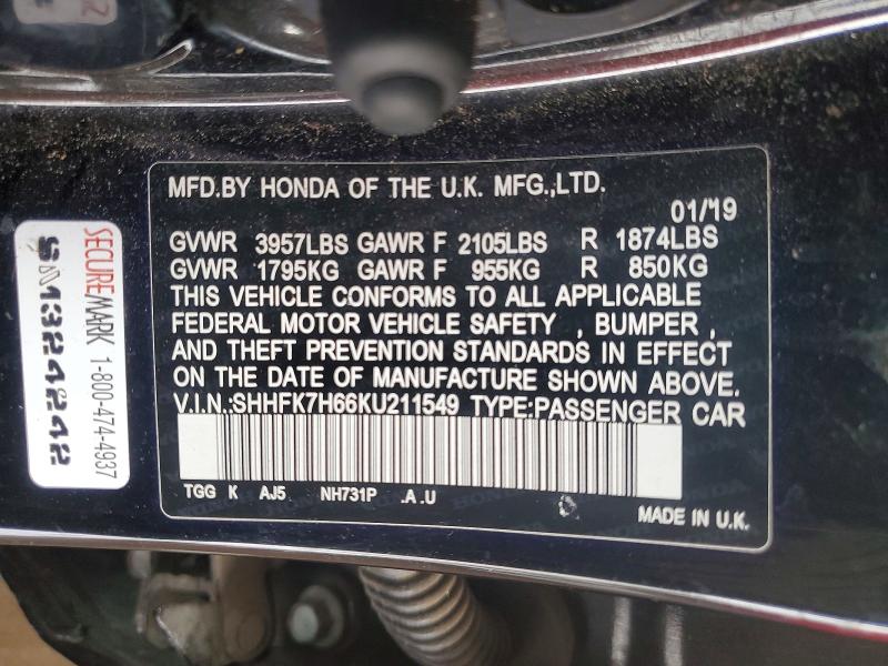 2019 Honda Civic მანქანა იყიდება აუქციონზე, vin: SHHFK7H66KU211549, აუქციონის ნომერი: 52167006