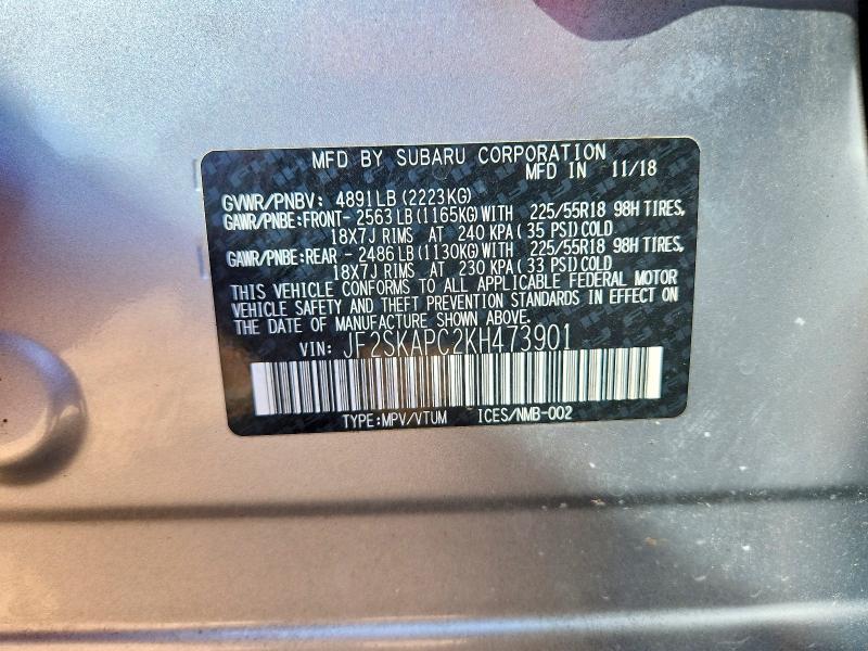 Продаж на аукціоні авто 2019 Subaru Forester, vin: JF2SKAPC2KH473901, номер лоту: 52242496