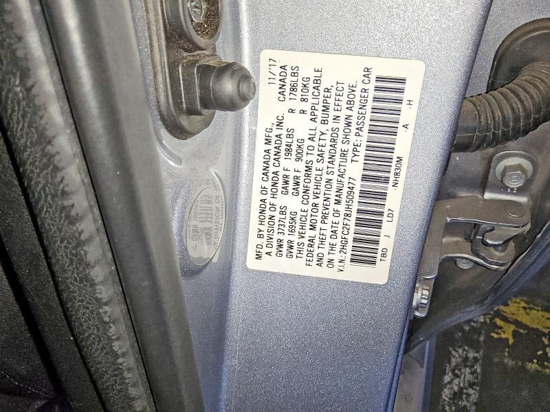 2018 Honda Civic მანქანა იყიდება აუქციონზე, vin: 2HGFC2F78JH509477, აუქციონის ნომერი: 54296536