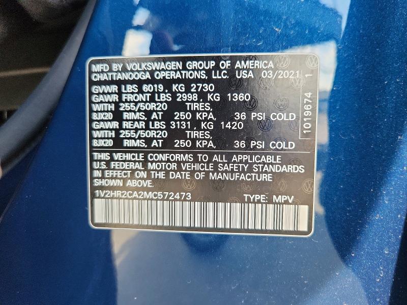 53079936 :رقم المزاد ، 1V2HR2CA2MC572473 vin ، 2021 Volkswagen Atlas مزاد بيع