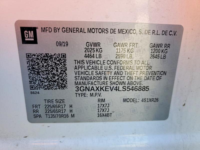 2020 Chevrolet Equinox მანქანა იყიდება აუქციონზე, vin: 3GNAXKEV4LS546885, აუქციონის ნომერი: 51454786