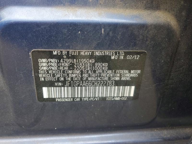 2012 Subaru Impreza მანქანა იყიდება აუქციონზე, vin: JF1GPAA66CH222783, აუქციონის ნომერი: 55380406