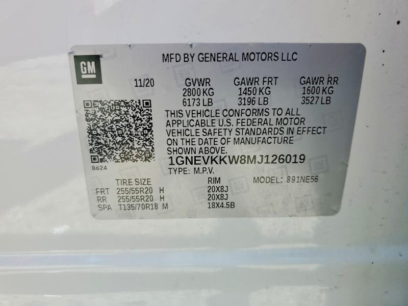 Продаж на аукціоні авто 2021 Chevrolet Traverse, vin: 1GNEVKKW8MJ126019, номер лоту: 53629356