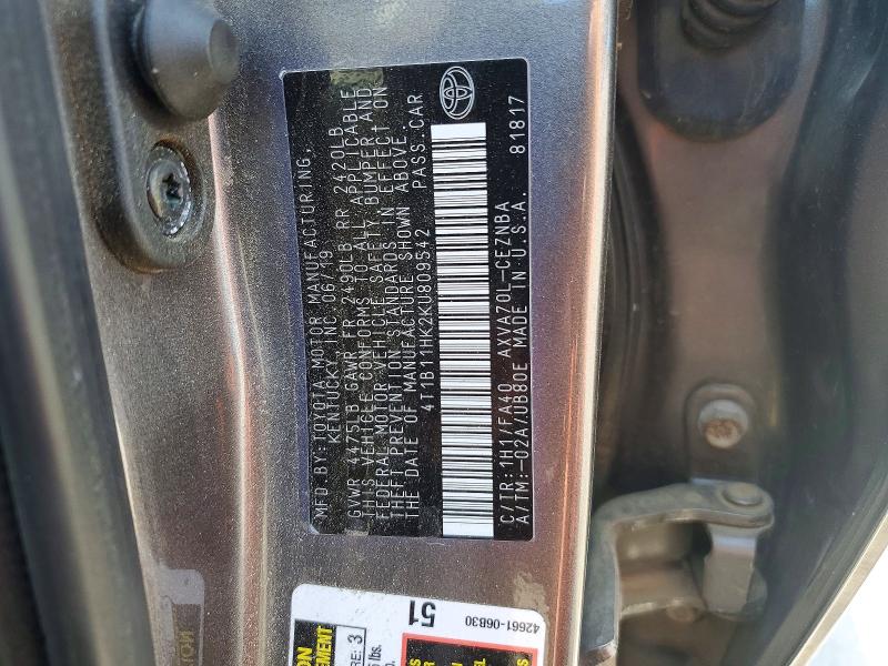 Aukcja sprzedaży 2019 Toyota Camry, vin: 4T1B11HK2KU809542, numer aukcji: 52130066