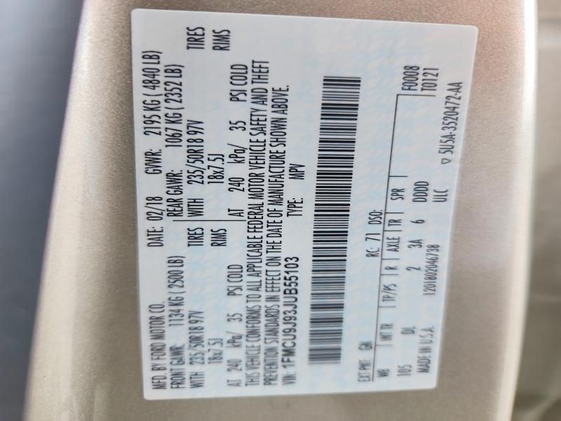 54011876 :رقم المزاد ، 1FMCU9J93JUB55103 vin ، 2018 Ford Escape مزاد بيع