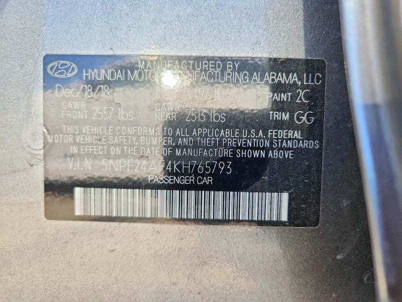 53387856 :رقم المزاد ، 5NPE24AF4KH765793 vin ، 2019 Hyundai Sonata مزاد بيع