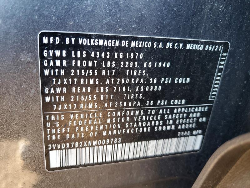 Продаж на аукціоні авто 2022 Volkswagen Taos, vin: 3VVDX7B2XNM009783, номер лоту: 47952226