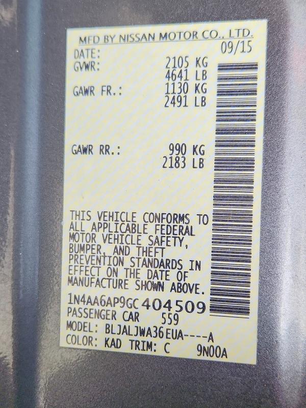 52212896 :رقم المزاد ، 1N4AA6AP9GC404509 vin ، 2016 Nissan Maxima مزاد بيع