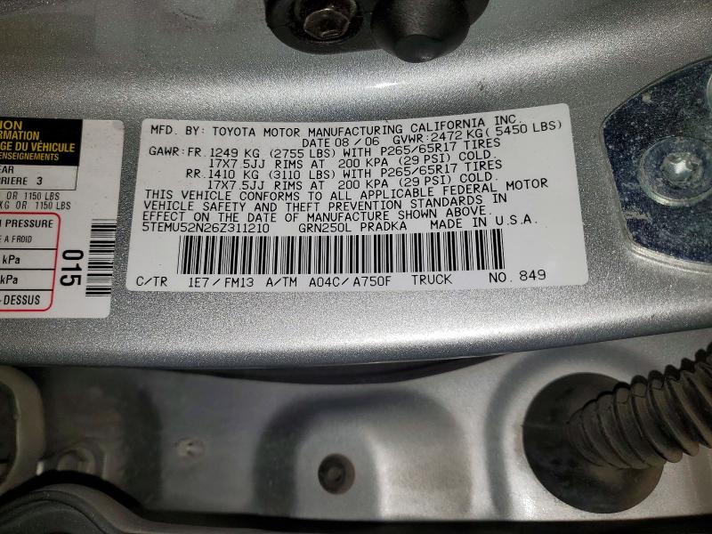 54270336 :رقم المزاد ، 5TEMU52N26Z311210 vin ، 2006 Toyota Tacoma مزاد بيع