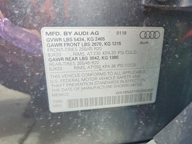 51547536 :رقم المزاد ، WA1BNAFY5K2052531 vin ، 2019 Audi Q5 مزاد بيع