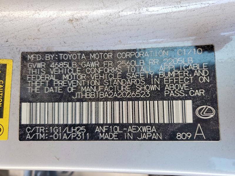 52731676 :رقم المزاد ، JTHBB1BA2A2026523 vin ، 2010 Lexus Hs مزاد بيع
