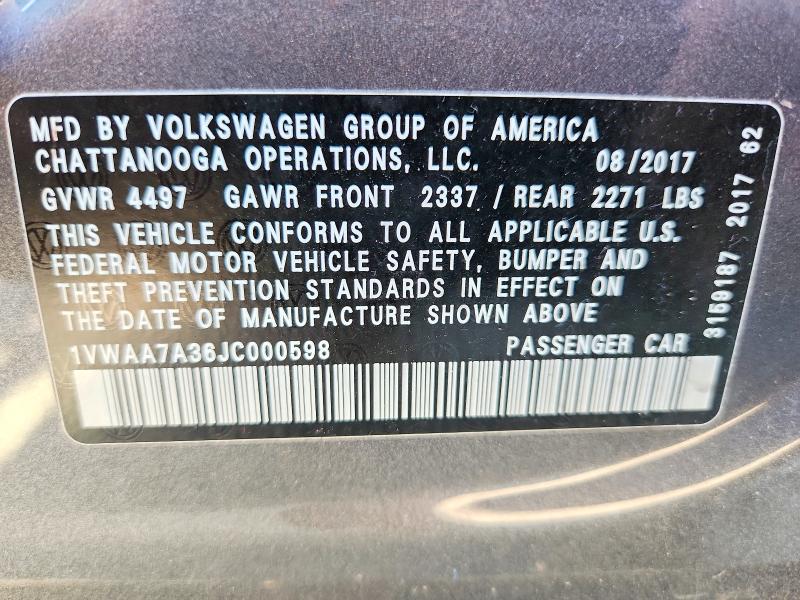 2018 Volkswagen Passat მანქანა იყიდება აუქციონზე, vin: 1VWAA7A36JC000598, აუქციონის ნომერი: 52332656