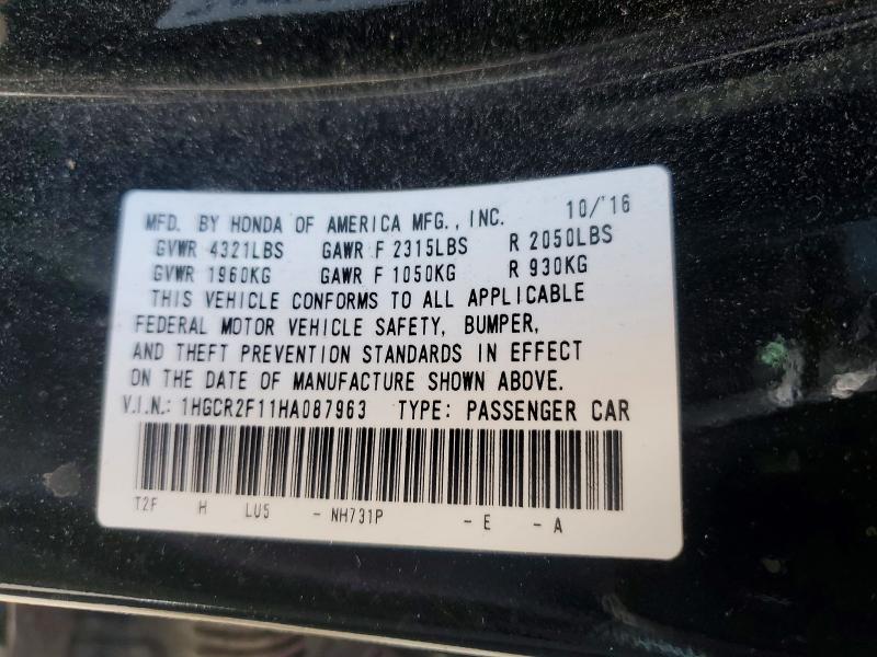 Продажа на аукционе авто 2017 Honda Accord, vin: 1HGCR2F11HA087963, номер лота: 54852786