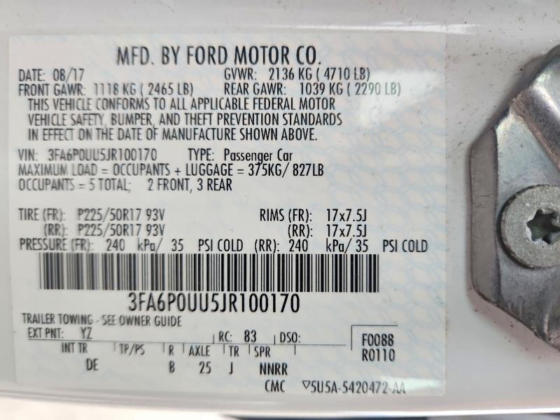 53166066 :رقم المزاد ، 3FA6P0UU5JR100170 vin ، 2018 Ford Fusion مزاد بيع