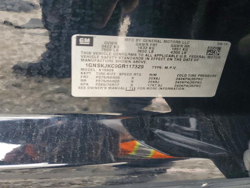 2016 Chevrolet Suburban მანქანა იყიდება აუქციონზე, vin: 1GNSKJKC9GR117329, აუქციონის ნომერი: 54527576