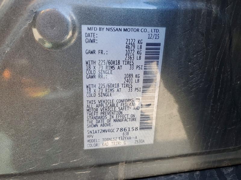 52139776 :رقم المزاد ، 5N1AT2MV4GC786158 vin ، 2016 Nissan Rogue مزاد بيع