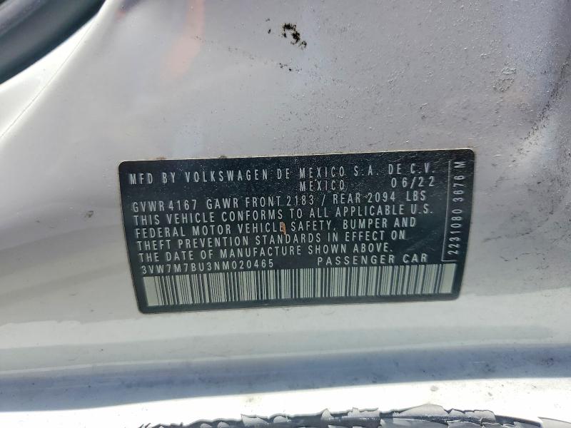 Aukcja sprzedaży 2022 Volkswagen Jetta, vin: 3VW7M7BU3NM020465, numer aukcji: 52910116