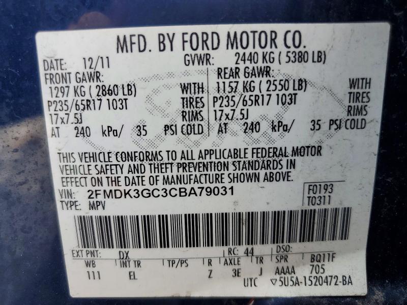 53894646 :رقم المزاد ، 2FMDK3GC3CBA79031 vin ، 2012 Ford Edge مزاد بيع