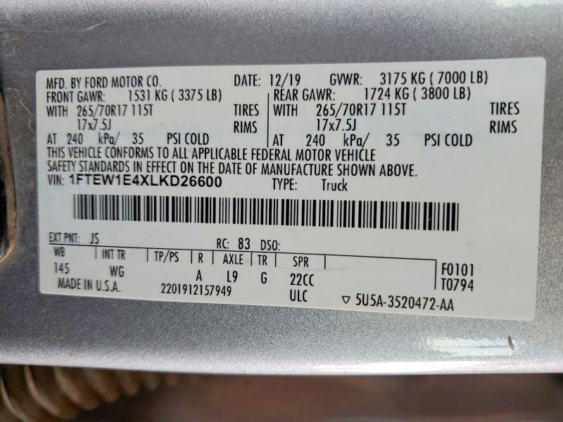 Aukcja sprzedaży 2020 Ford F150, vin: 1FTEW1E4XLKD26600, numer aukcji: 52785716
