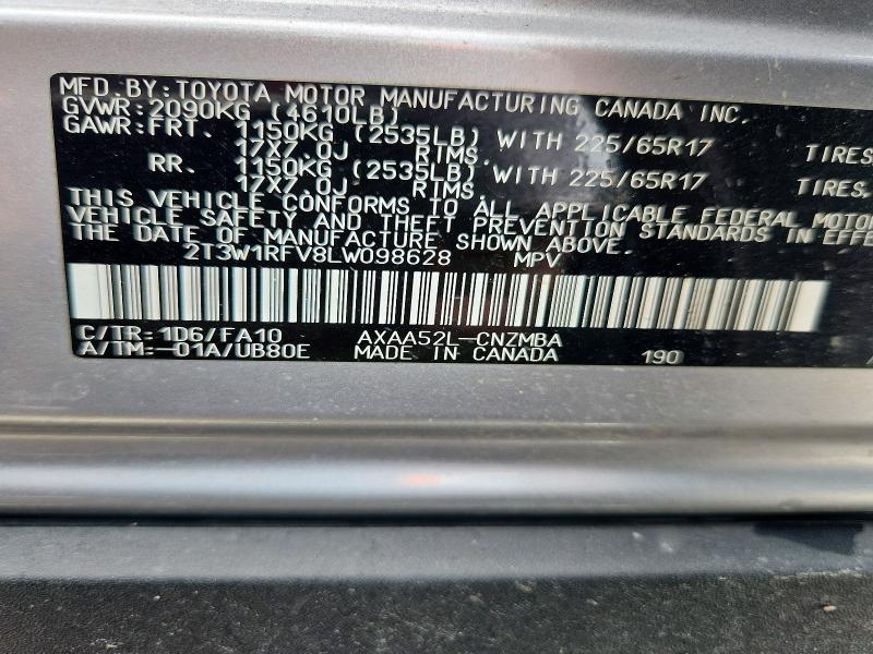 Aukcja sprzedaży 2020 Toyota Rav4, vin: 2T3W1RFV8LW098628, numer aukcji: 55049956