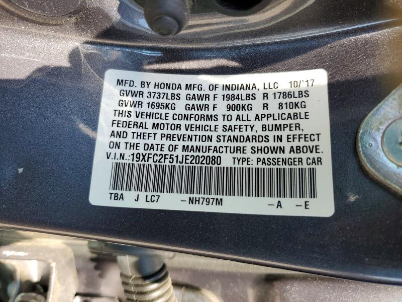 54001206 :رقم المزاد ، 19XFC2F51JE202080 vin ، 2018 Honda Civic مزاد بيع