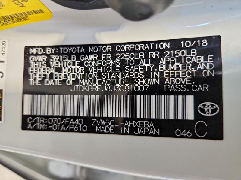 52372866 :رقم المزاد ، JTDKBRFU8J3081007 vin ، 2018 Toyota Prius مزاد بيع
