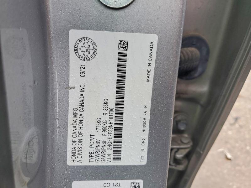 Aukcja sprzedaży 2022 Honda Civic, vin: 2HGFE2F39NH101700, numer aukcji: 49976176