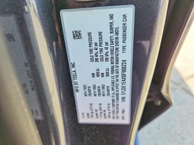 Продаж на аукціоні авто 2025 Tesla Model 3, vin: 5YJ3E1EAXSF908224, номер лоту: 52032266