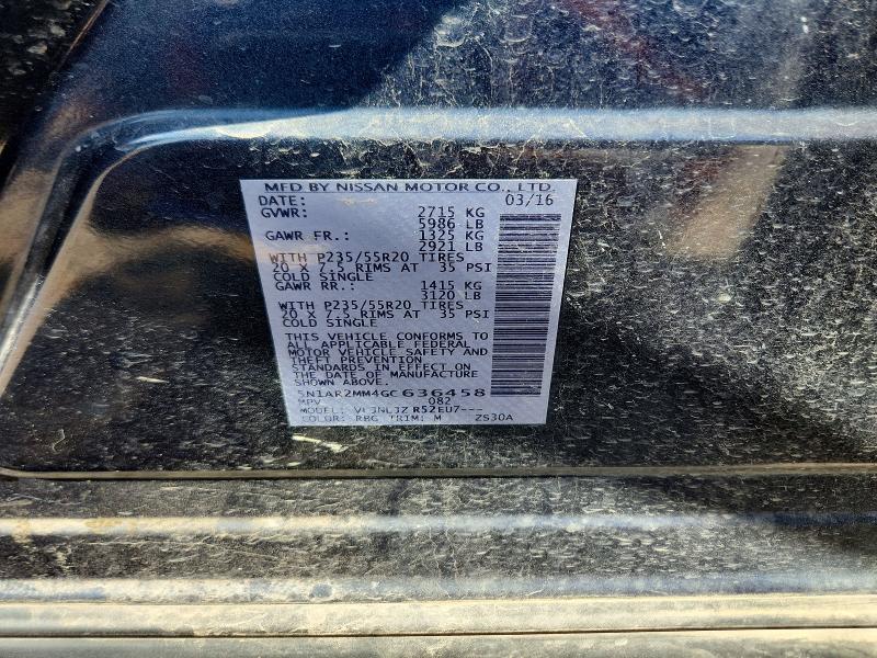 52414646 :رقم المزاد ، 5N1AR2MM4GC636458 vin ، 2016 Nissan Pathfinder مزاد بيع