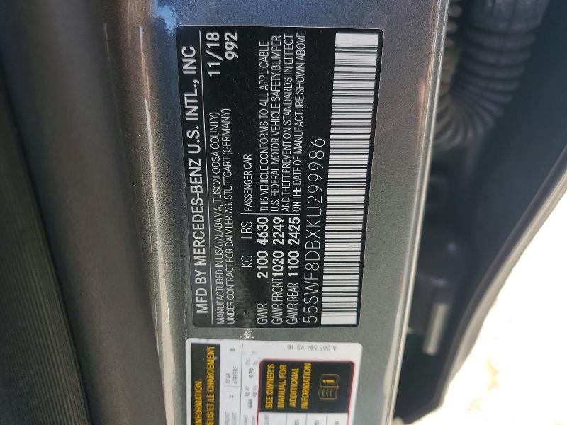 Aukcja sprzedaży 2019 Mercedes-benz C, vin: 55SWF8DBXKU299986, numer aukcji: 53822956