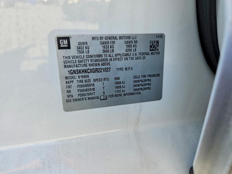 2016 Chevrolet Suburban მანქანა იყიდება აუქციონზე, vin: 1GNSKHKCXGR221837, აუქციონის ნომერი: 52764676