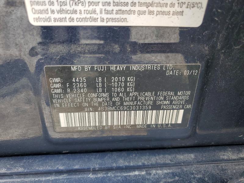 2012 Subaru Legacy მანქანა იყიდება აუქციონზე, vin: 4S3BMCC69C3031359, აუქციონის ნომერი: 53734896