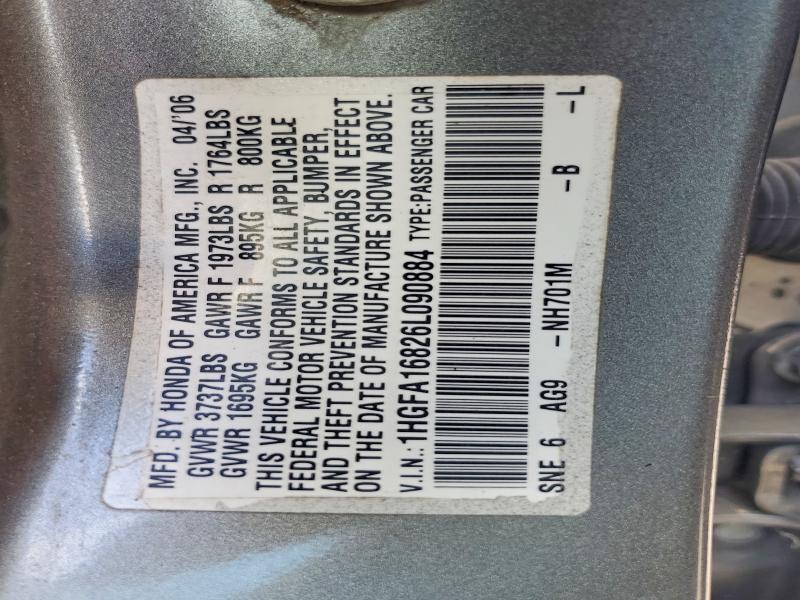 Aukcja sprzedaży 2006 Honda Civic, vin: 1HGFA16826L090884, numer aukcji: 52917986