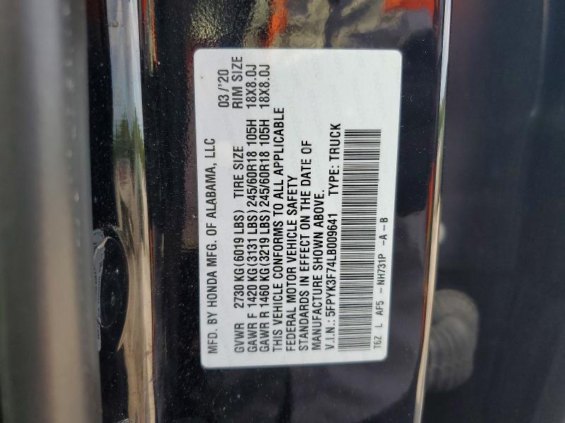 Auction sale of the 2020 Honda Ridgeline, vin: 5FPYK3F74LB009641, lot number: 53036686