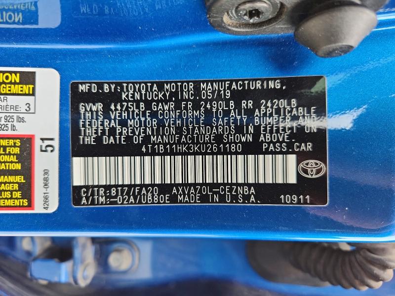 54991886 :رقم المزاد ، 4T1B11HK3KU261180 vin ، 2019 Toyota Camry مزاد بيع
